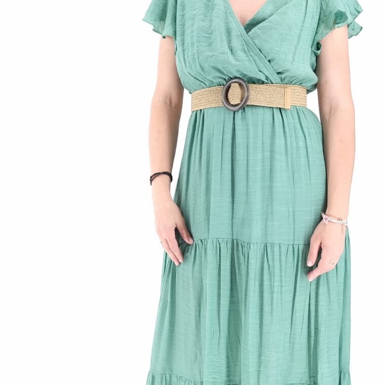 Φόρεμα μακρύ κρουαζέ με λάστιχο στη μέση και ελαστική ζώνη πράσινο