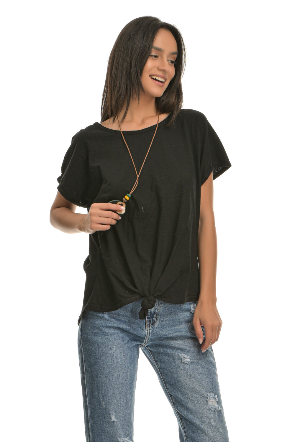 Cotton blouse with front fastening and necklace black