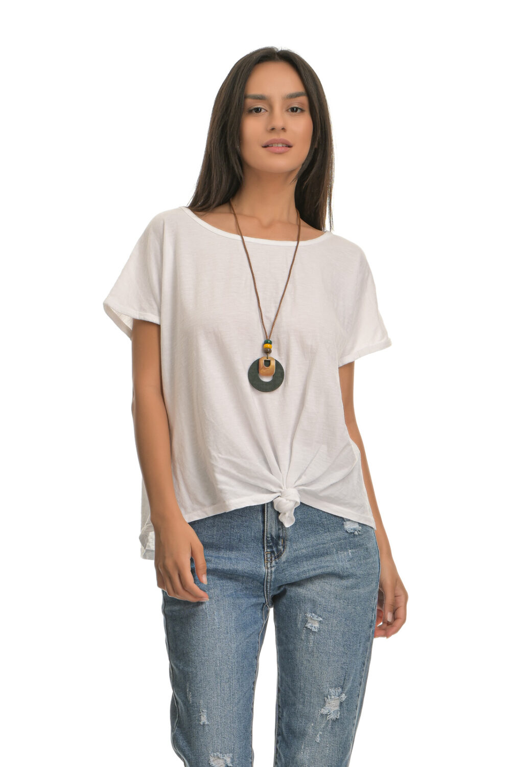 Cotton blouse with front fastening and necklace white
