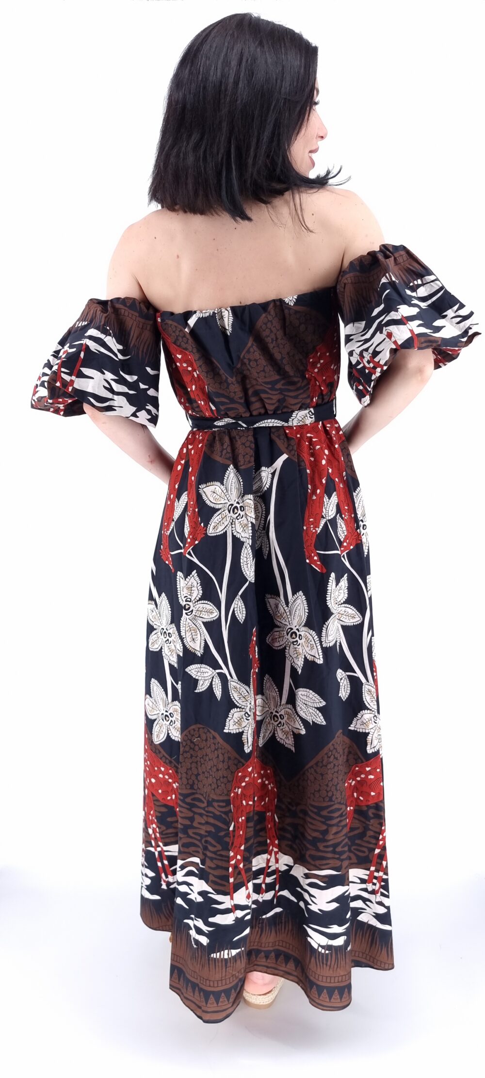Φόρεμα μακρύ στράπλες με φουσκωτά μανίκια και ιδιαίτερο μοτίβο μαύρο κεραμυδί
