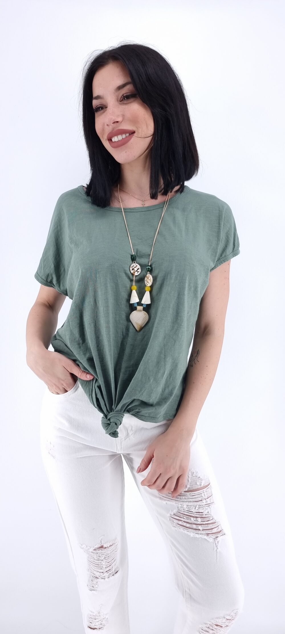 Cotton blouse with front tie and necklace light green