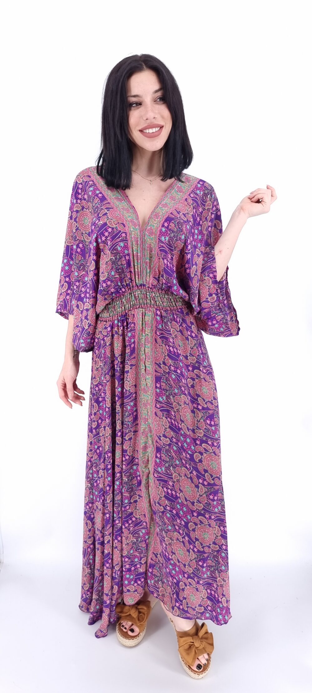 Φόρεμα μακρύ με μοτίβο λαχούρι σε μωβ αποχρώσεις