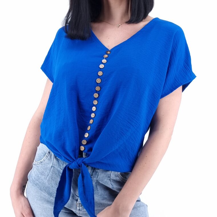 Μπλούζα με διακοσμητικά κουμπιά και δέσιμο μπροστά μπλε