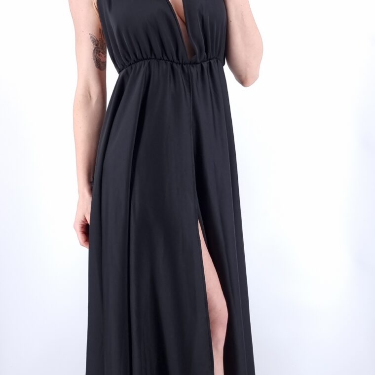 Φόρεμα μακρύ σατέν εξώπλατο με ανοίγματα στα πλαινά μαύρο