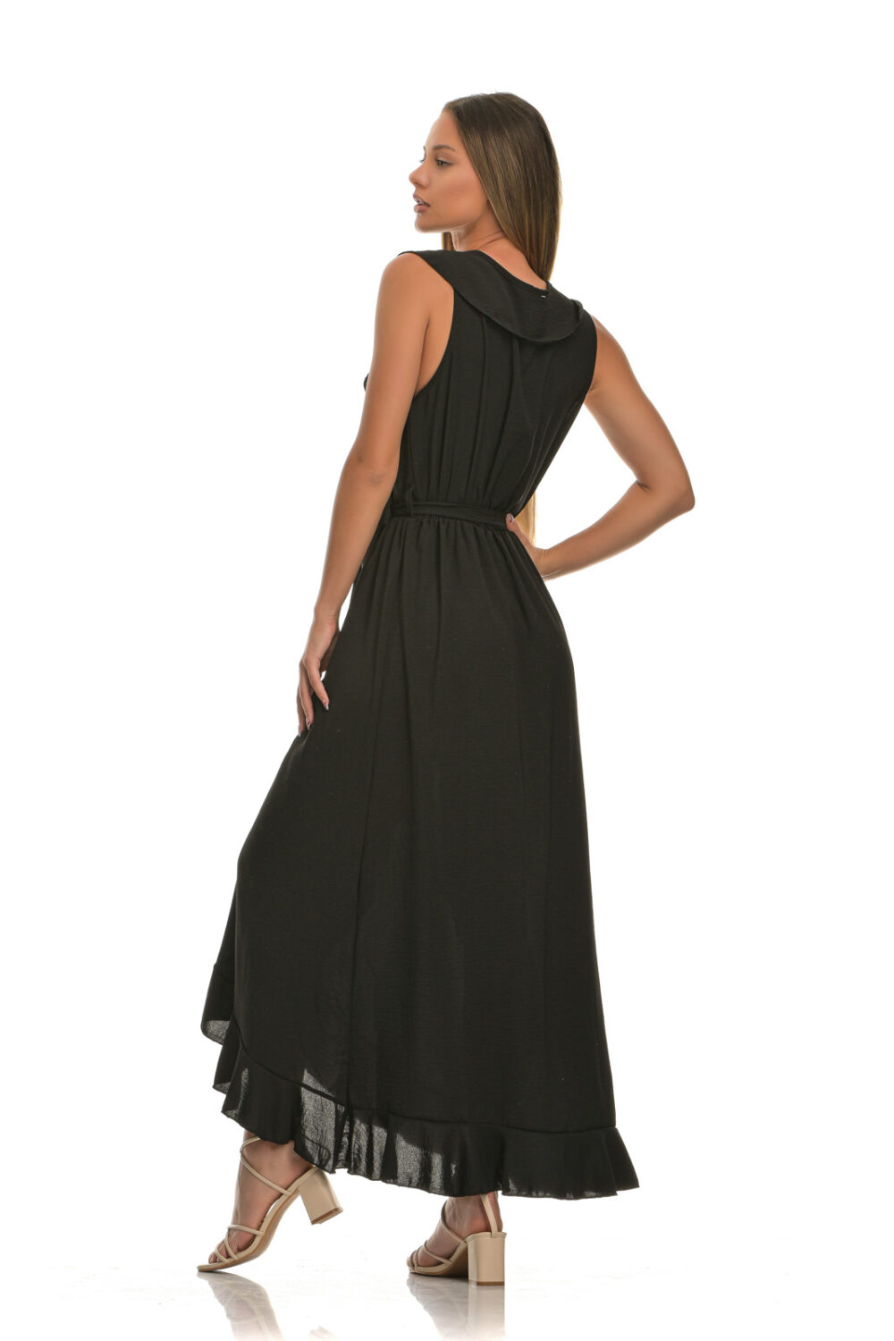 Long cruise dress with ruffles and belt black