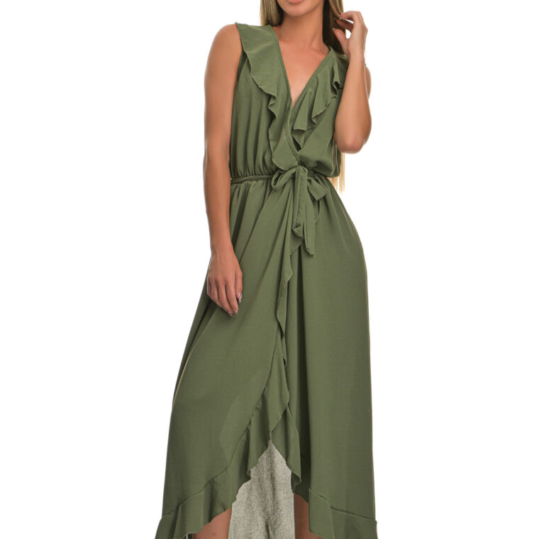 Long cruise dress with ruffles and belt green