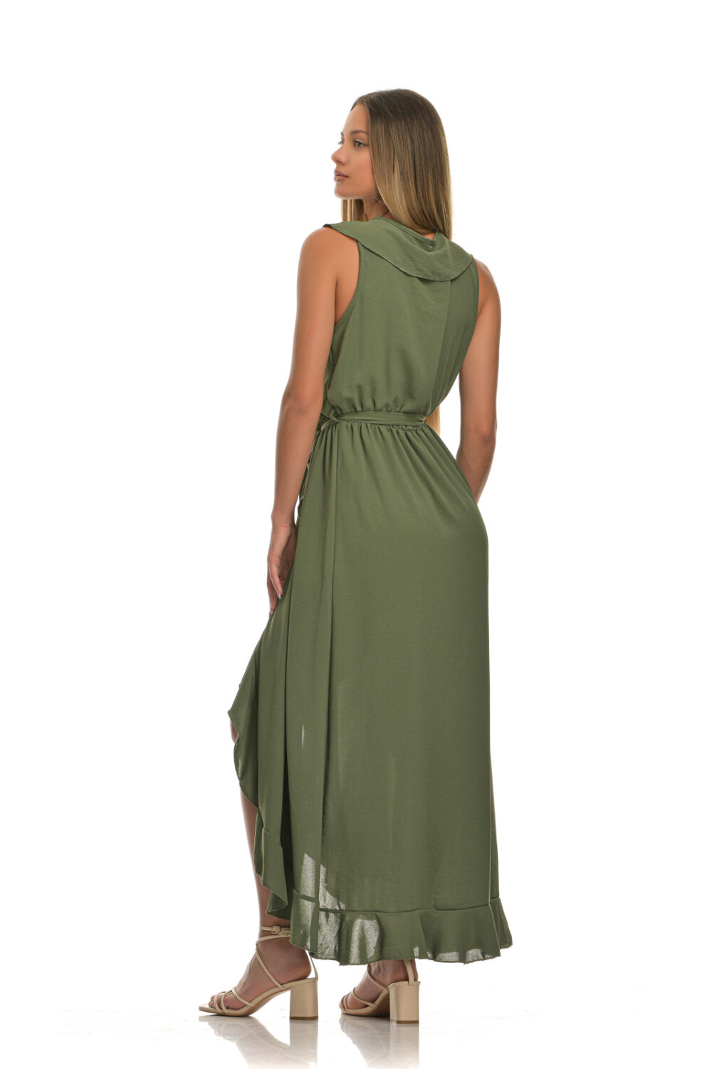 Long cruise dress with ruffles and belt green