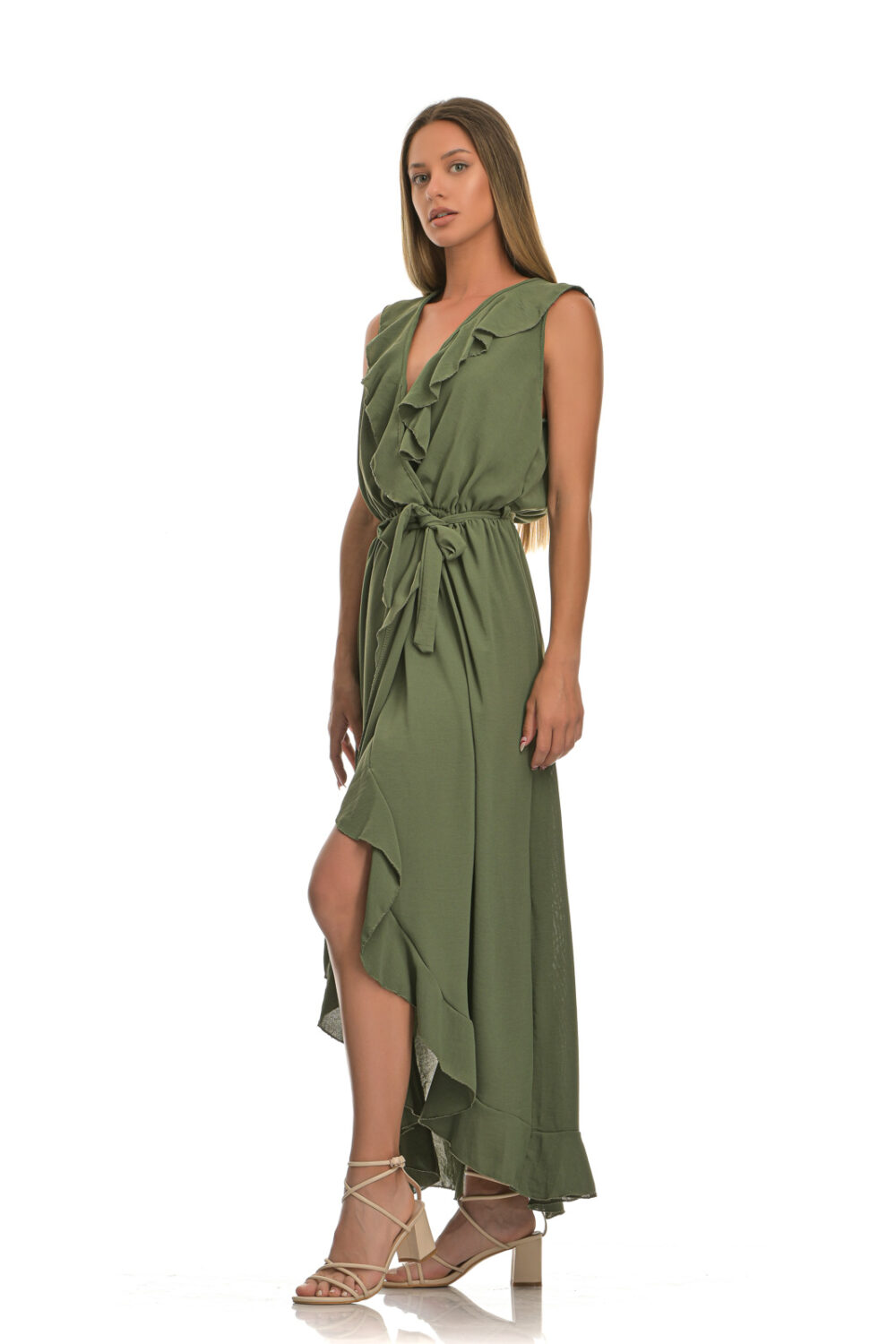 Long cruise dress with ruffles and belt green