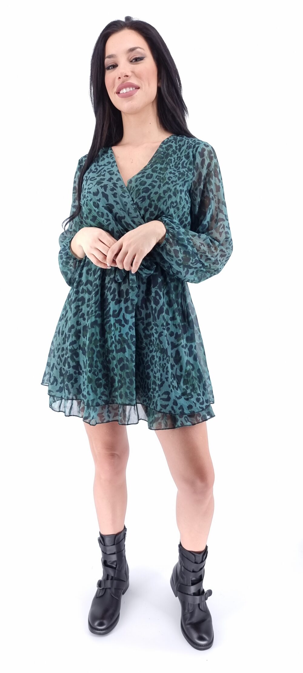 Φόρεμα κοντό animal print με ίδια ζώνη πράσινο