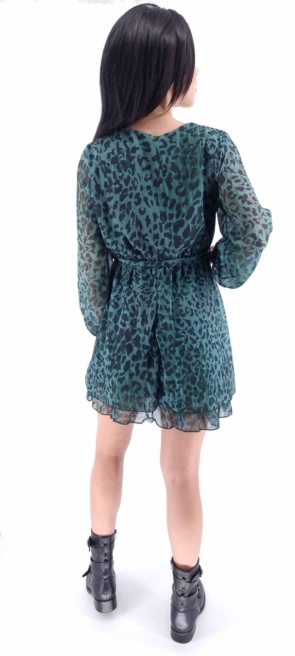 Φόρεμα κοντό animal print με ίδια ζώνη πράσινο