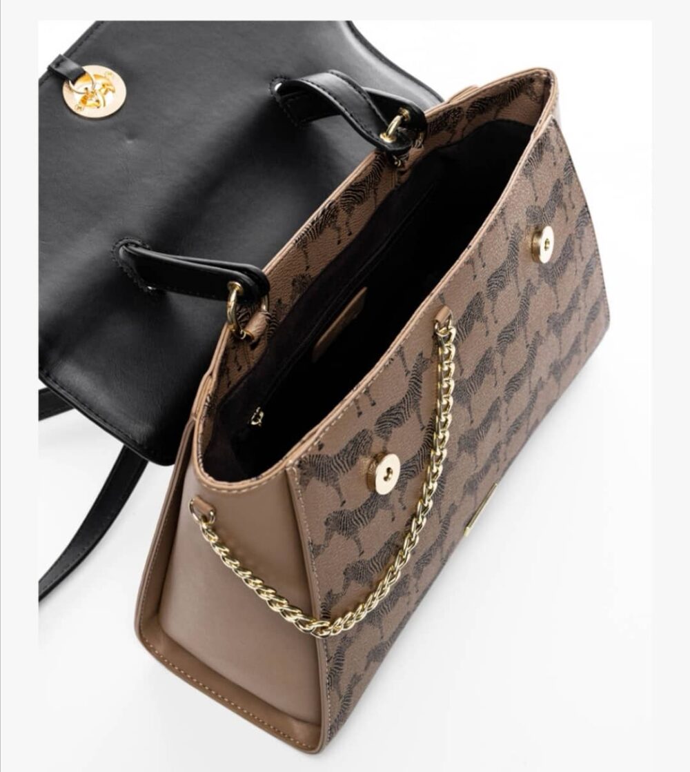 Τσάντα χειρός μπεζ σε συνδυασμό με μαύρο, print ζέβρας και χρυσή αλυσίδα veta bags accesories