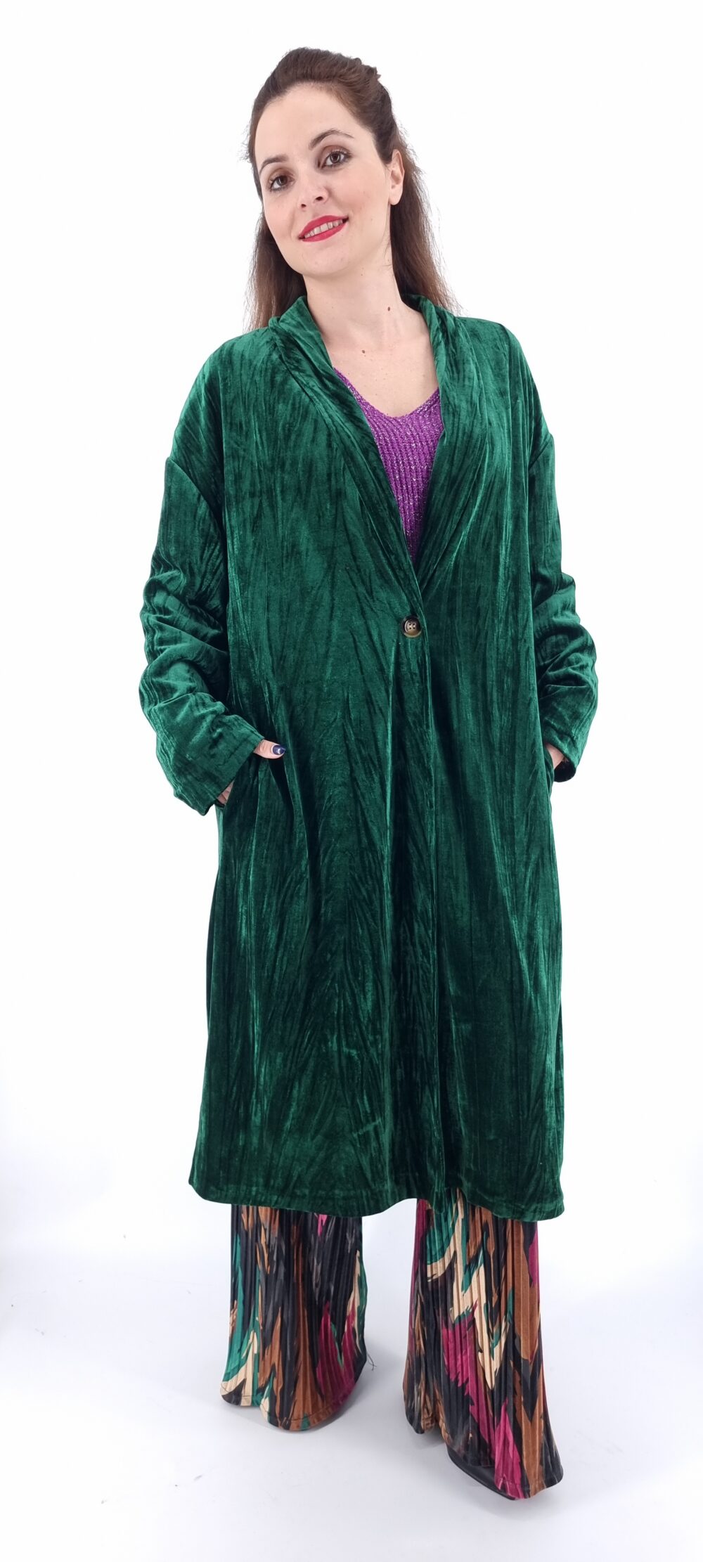 Βελουτέ παλτό με κουμπί και εσωτερικό animal print μοτίβο πράσινο