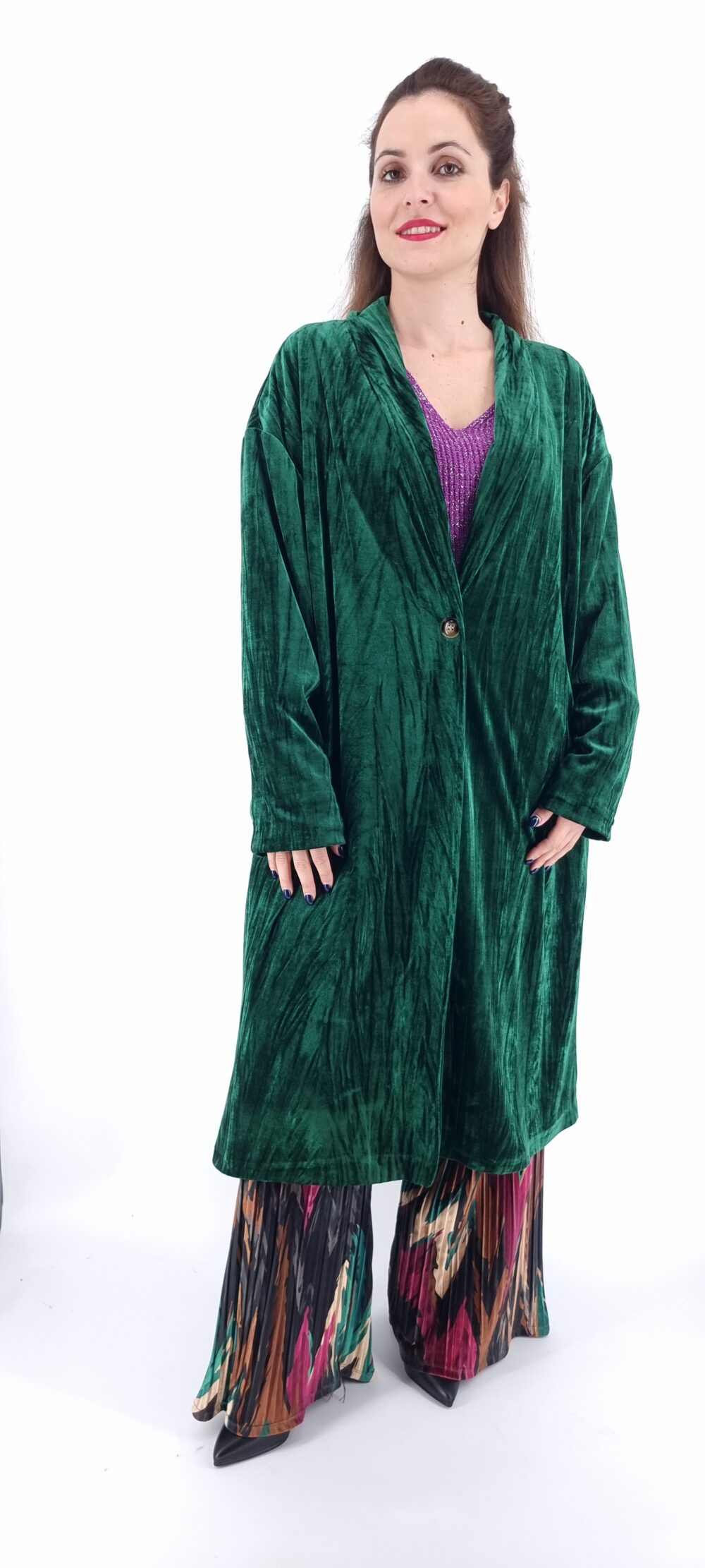 Βελουτέ παλτό με κουμπί και εσωτερικό animal print μοτίβο πράσινο