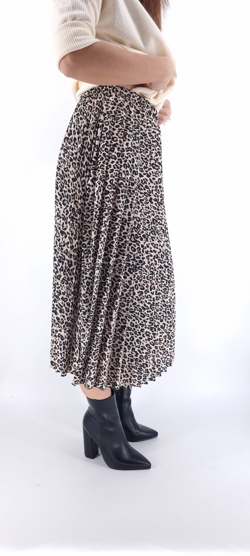 Φούστα πλισέ midi με animal print μοτίβο και λάστιχο στη μέση μπεζ μαύρο