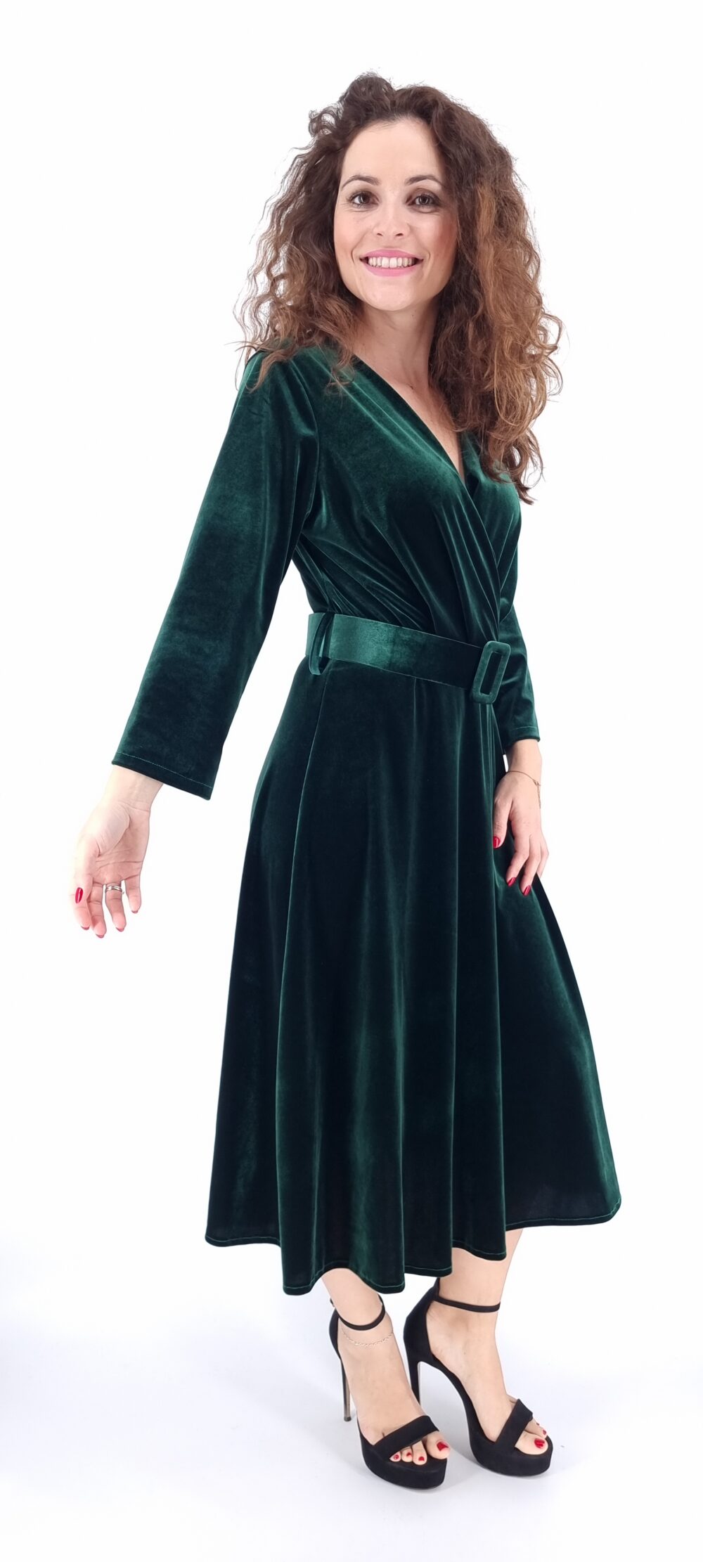 Φόρεμα βελουτέ κρουαζέ midi με ίδια ζώνη πράσινο