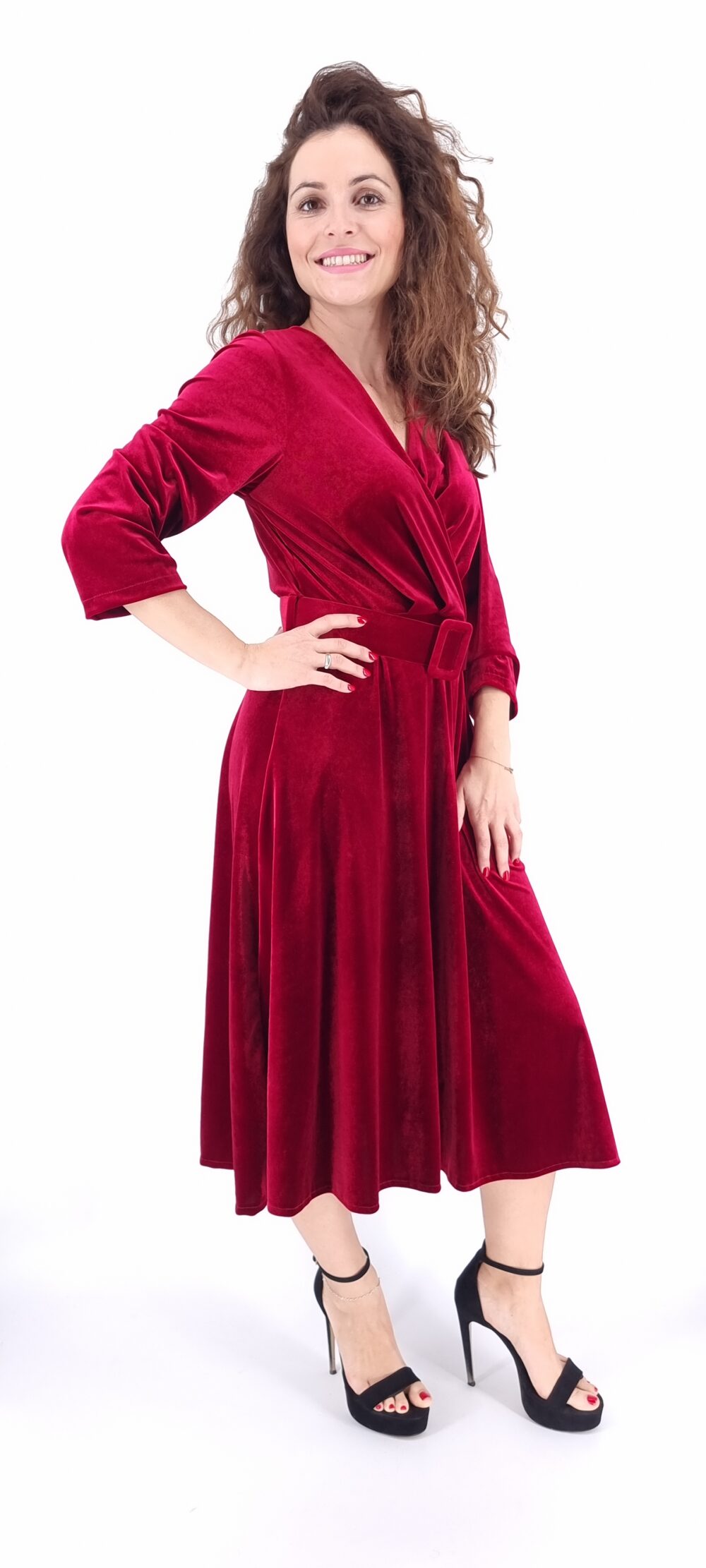 Φόρεμα βελουτέ κρουαζέ midi με ίδια ζώνη κόκκινο