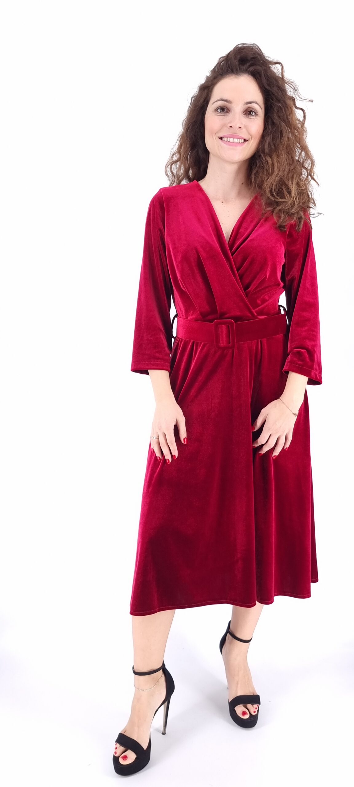 Φόρεμα βελουτέ κρουαζέ midi με ίδια ζώνη κόκκινο
