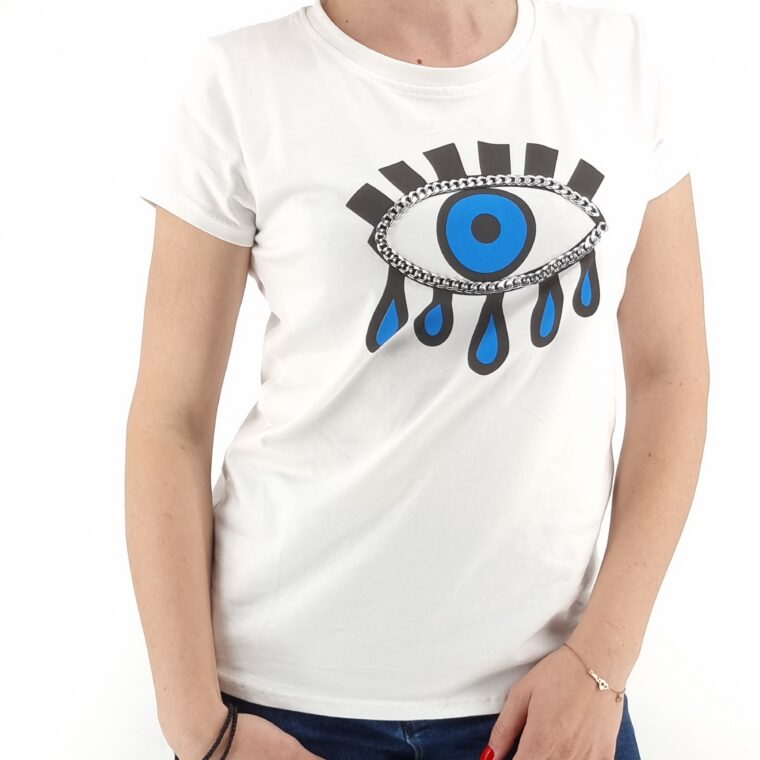 Άσπρο T-shirt με μοτίβο μάτι και διακοσμητική αλυσίδα
