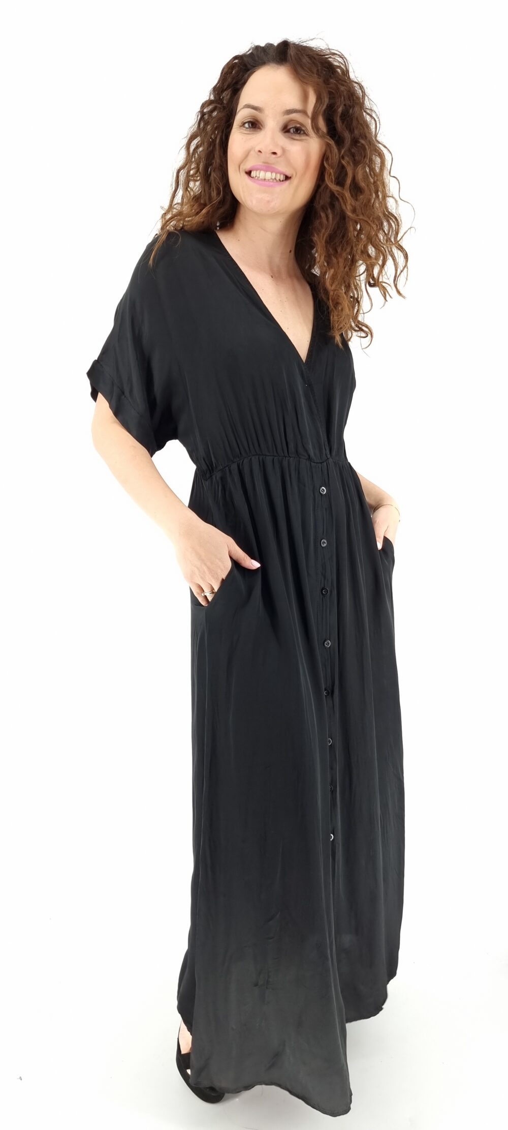 Φόρεμα μακρύ κρουαζέ με κουμπιά και κοντό μανίκι μαύρο