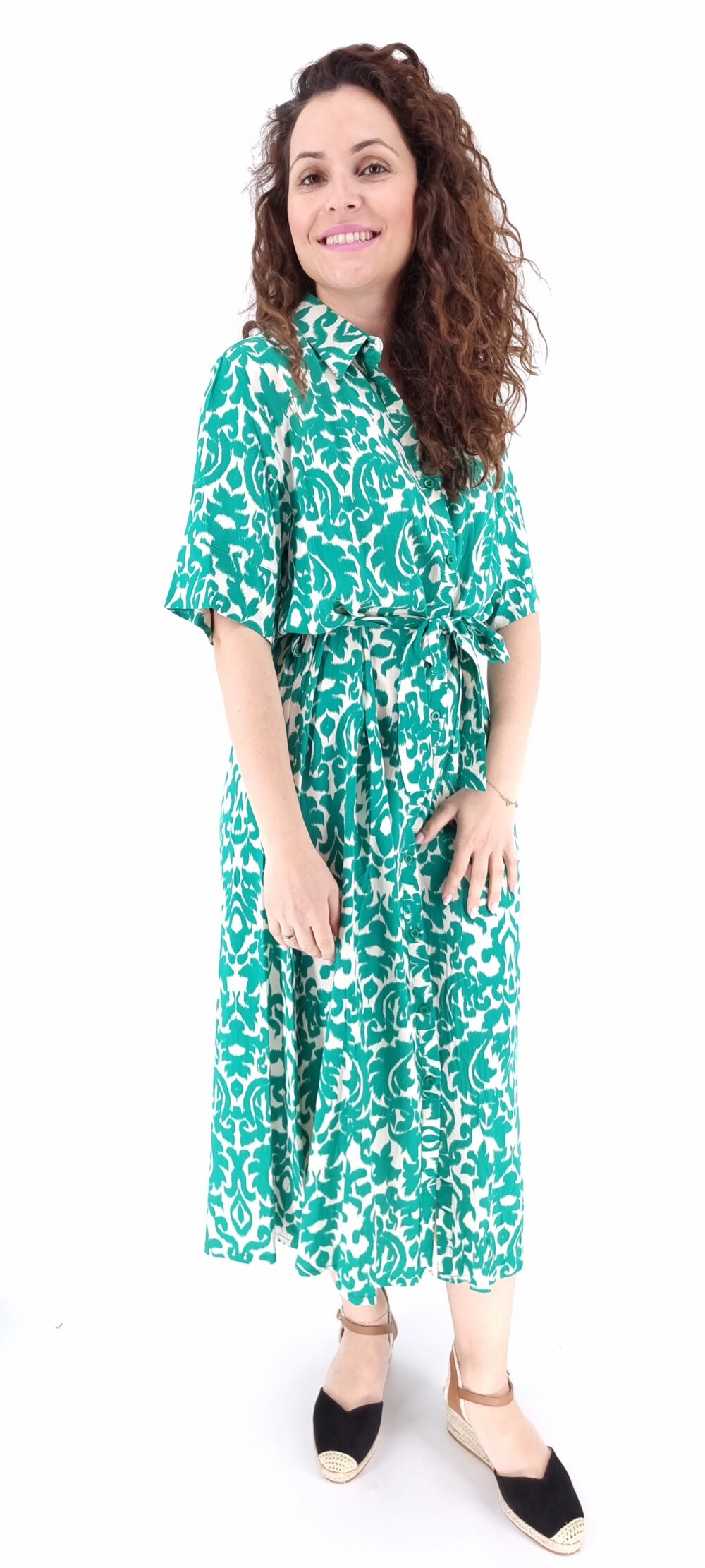 Φόρεμα μακρύ λαχούρι με κουμπιά και ίδια ζώνη άσπρο πράσινο