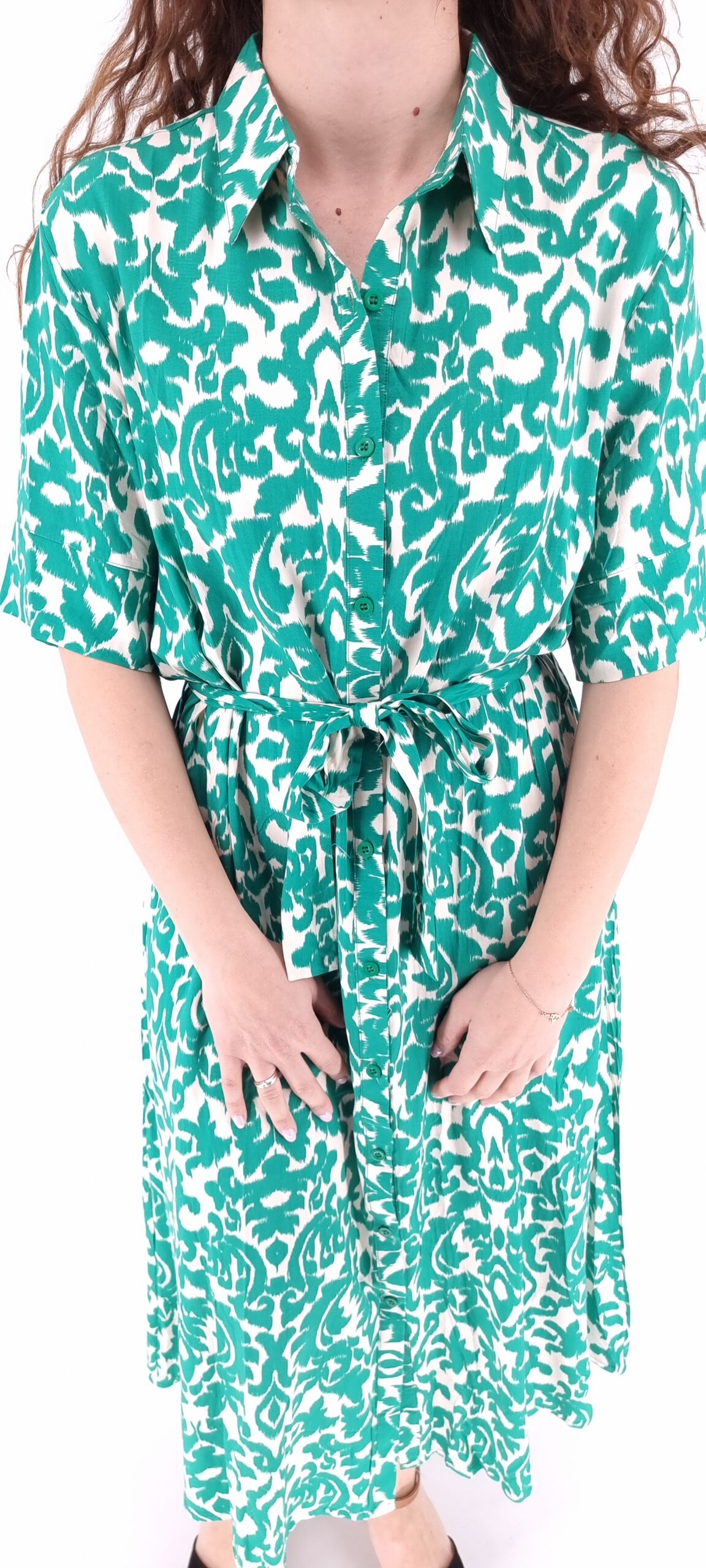 Φόρεμα μακρύ λαχούρι με κουμπιά και ίδια ζώνη άσπρο πράσινο