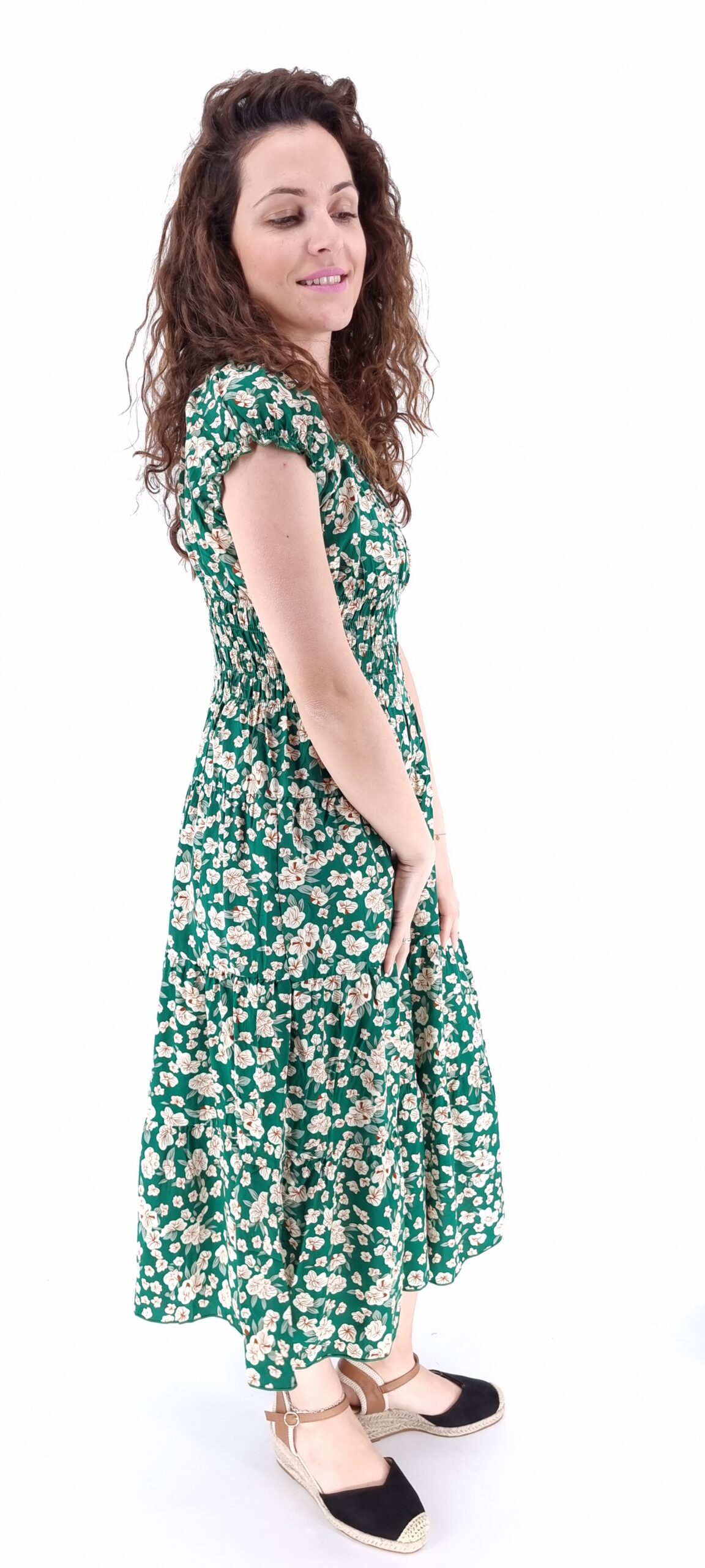 Φόρεμα φλοράλ midi με σφιγγοφωλιά και διακοσμητικά κουμπιά πράσινο