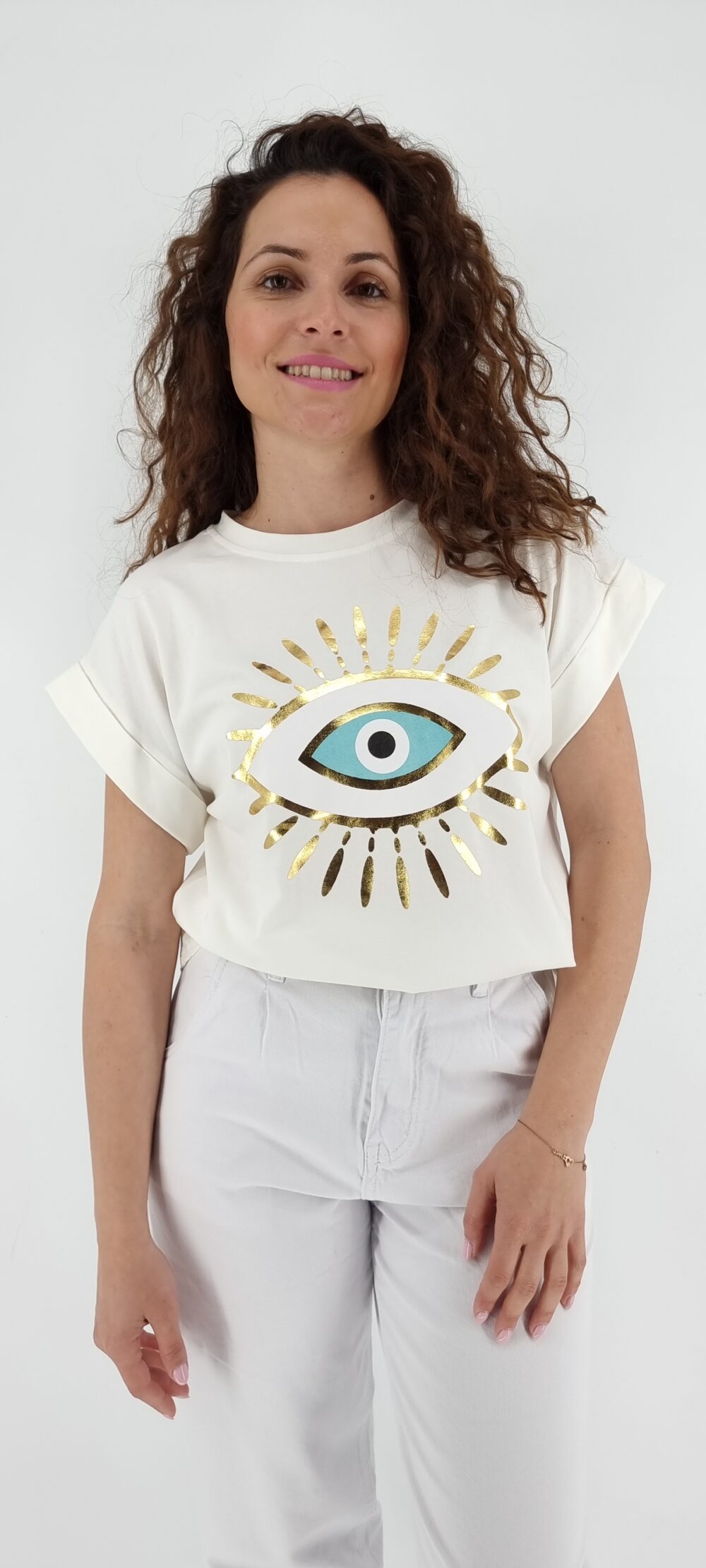 T-shirt βαμβακερό με μοτίβο ήλιος με μάτι άσπρο