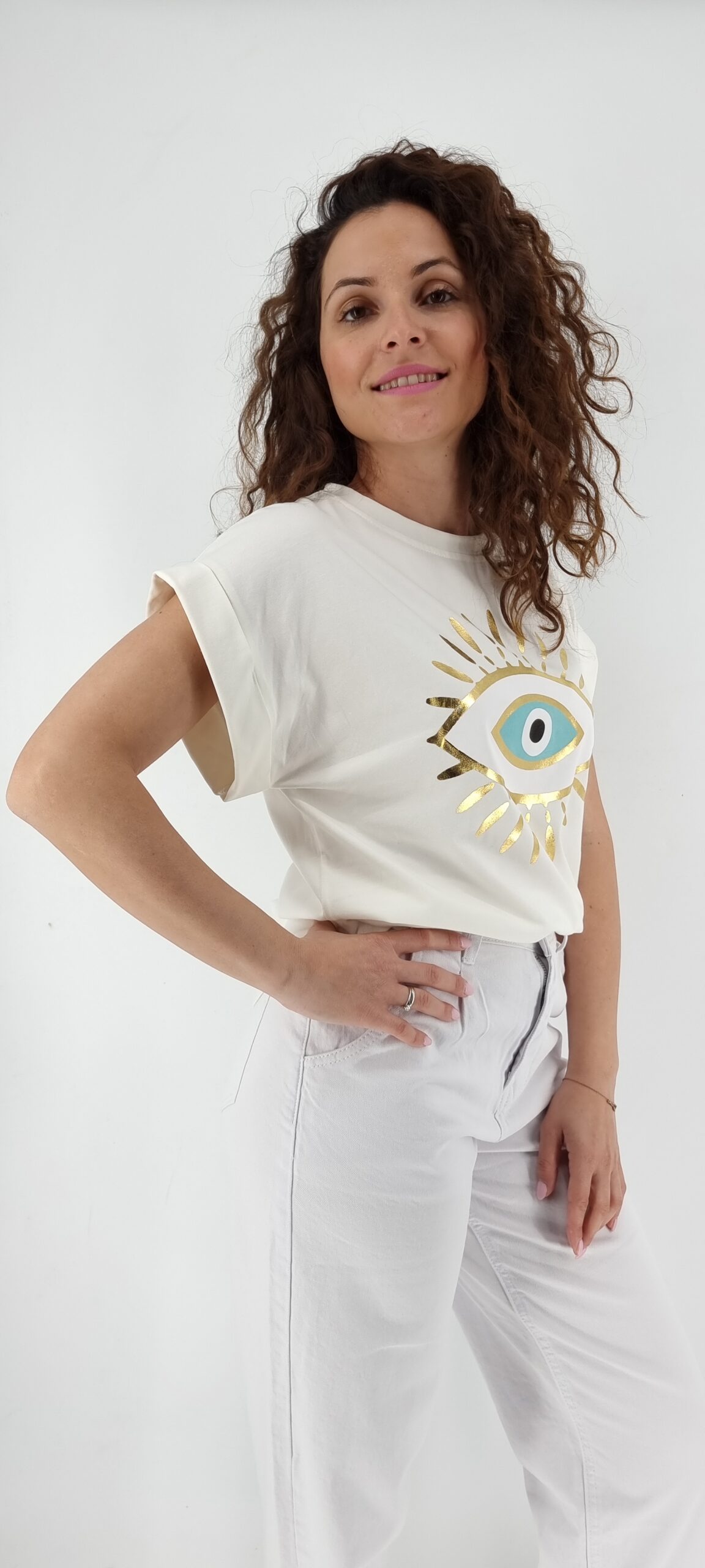 T-shirt βαμβακερό με μοτίβο ήλιος με μάτι άσπρο