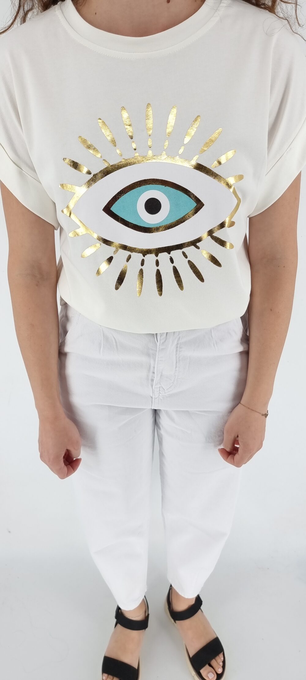 T-shirt βαμβακερό με μοτίβο ήλιος με μάτι άσπρο