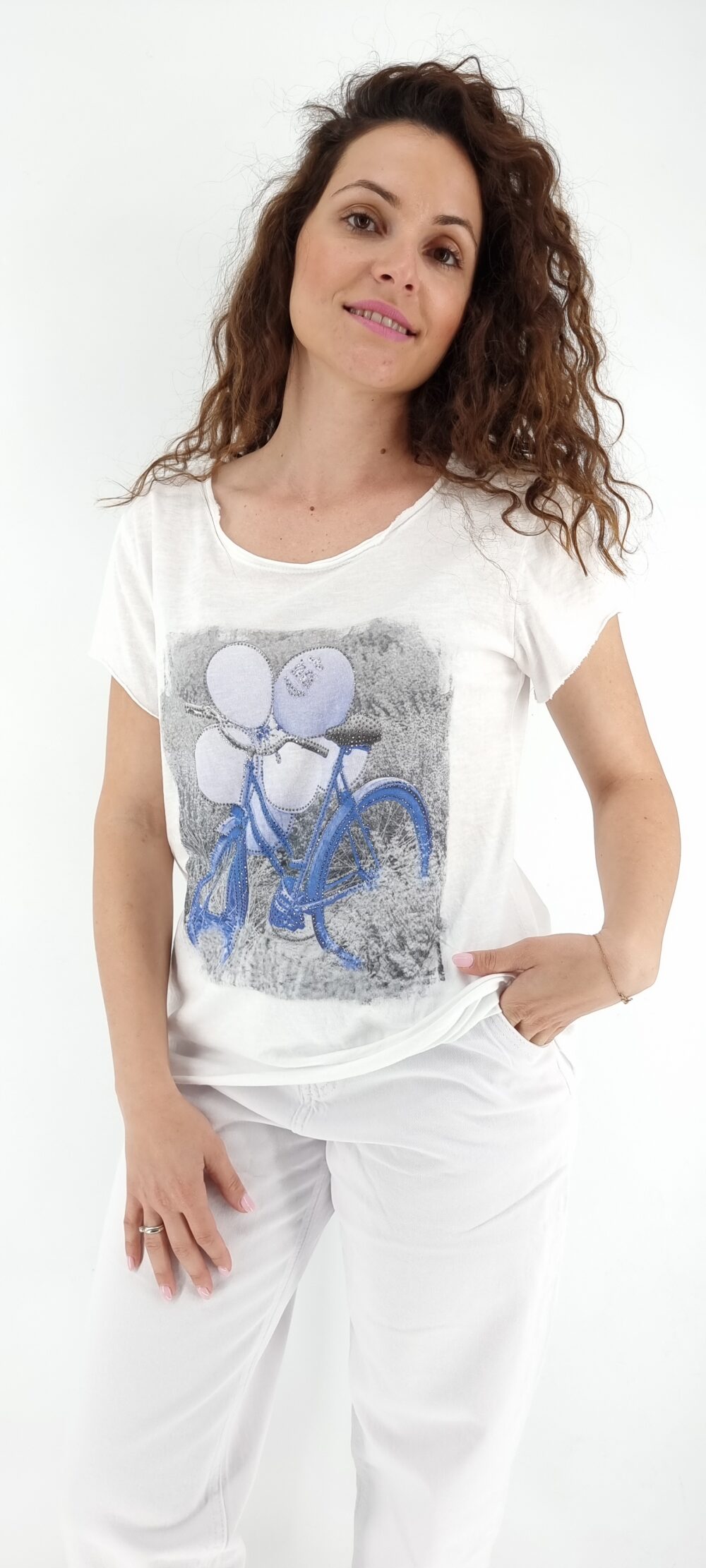 T-shirt άσπρο με στάμπα ποδήλατο με μπλε μπαλόνια