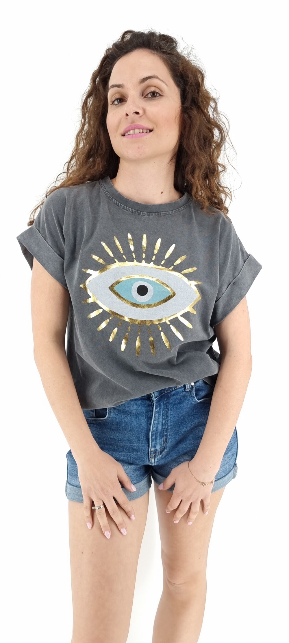 T-shirt βαμβακερό με μοτίβο ήλιος με μάτι γκρι