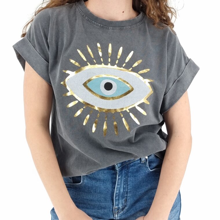 T-shirt βαμβακερό με μοτίβο ήλιος με μάτι γκρι