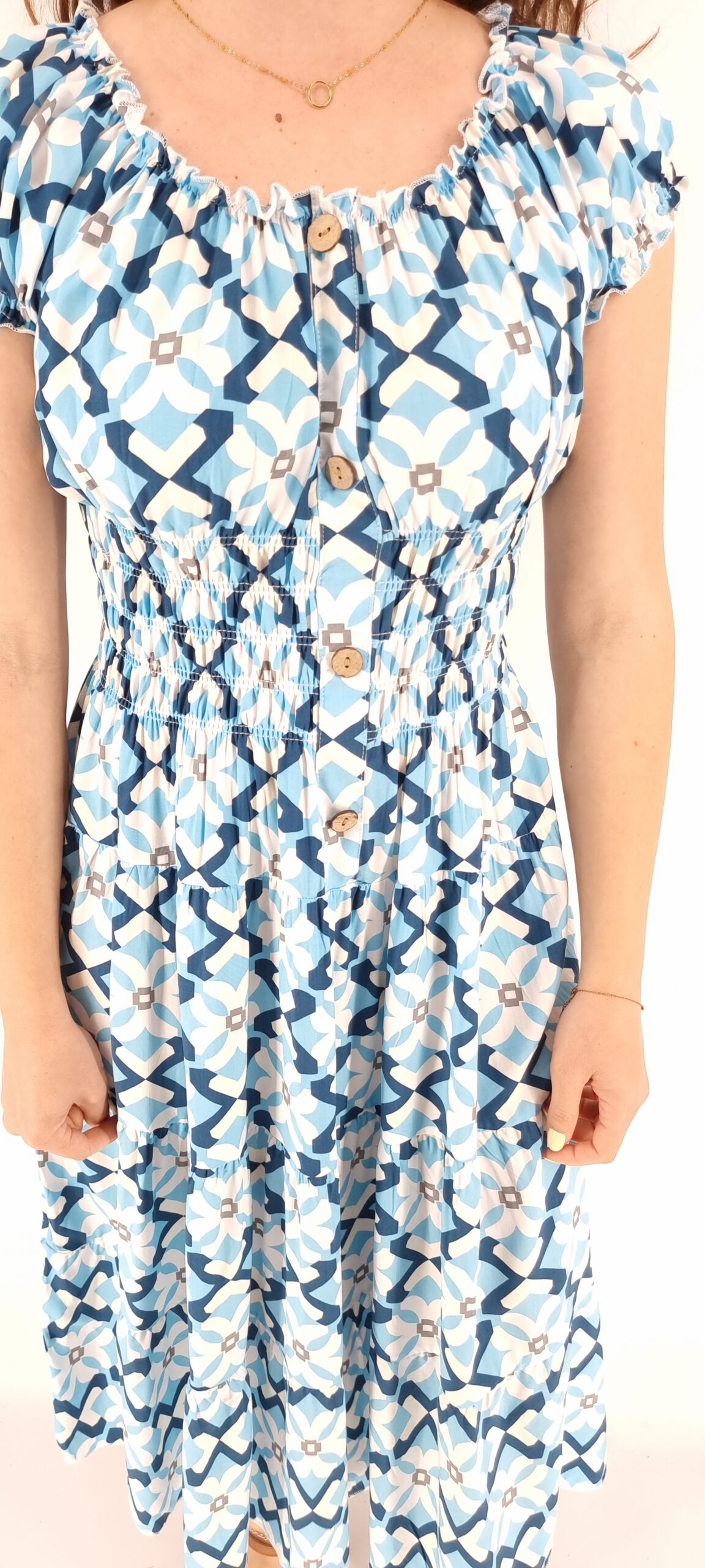 Φόρεμα με σχέδια midi με σφιγγοφωλιά και διακοσμητικά κουμπιά γαλάζιο