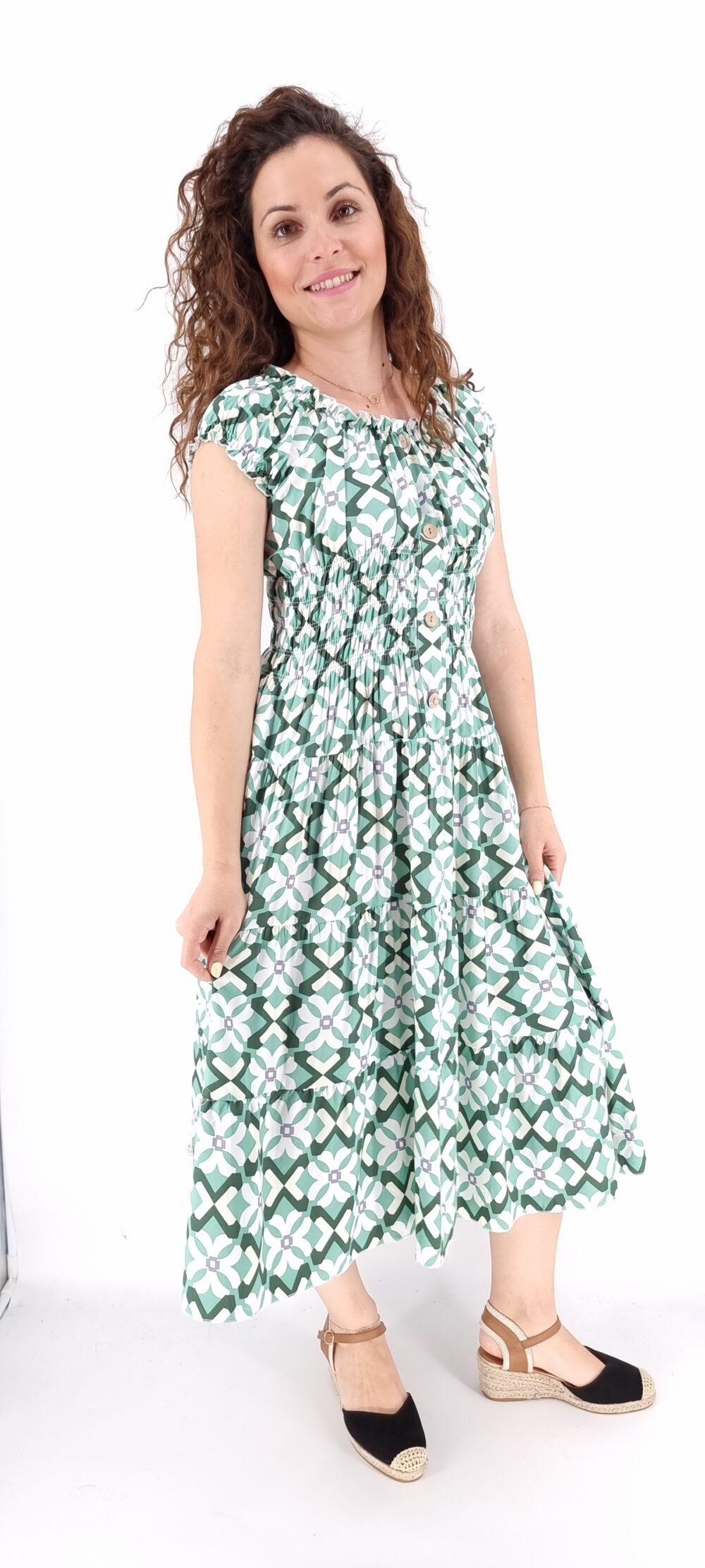 Φόρεμα με σχέδια midi με σφιγγοφωλιά και διακοσμητικά κουμπιά πράσινο
