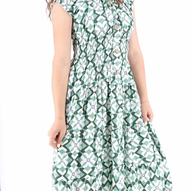 Φόρεμα με σχέδια midi με σφιγγοφωλιά και διακοσμητικά κουμπιά πράσινο