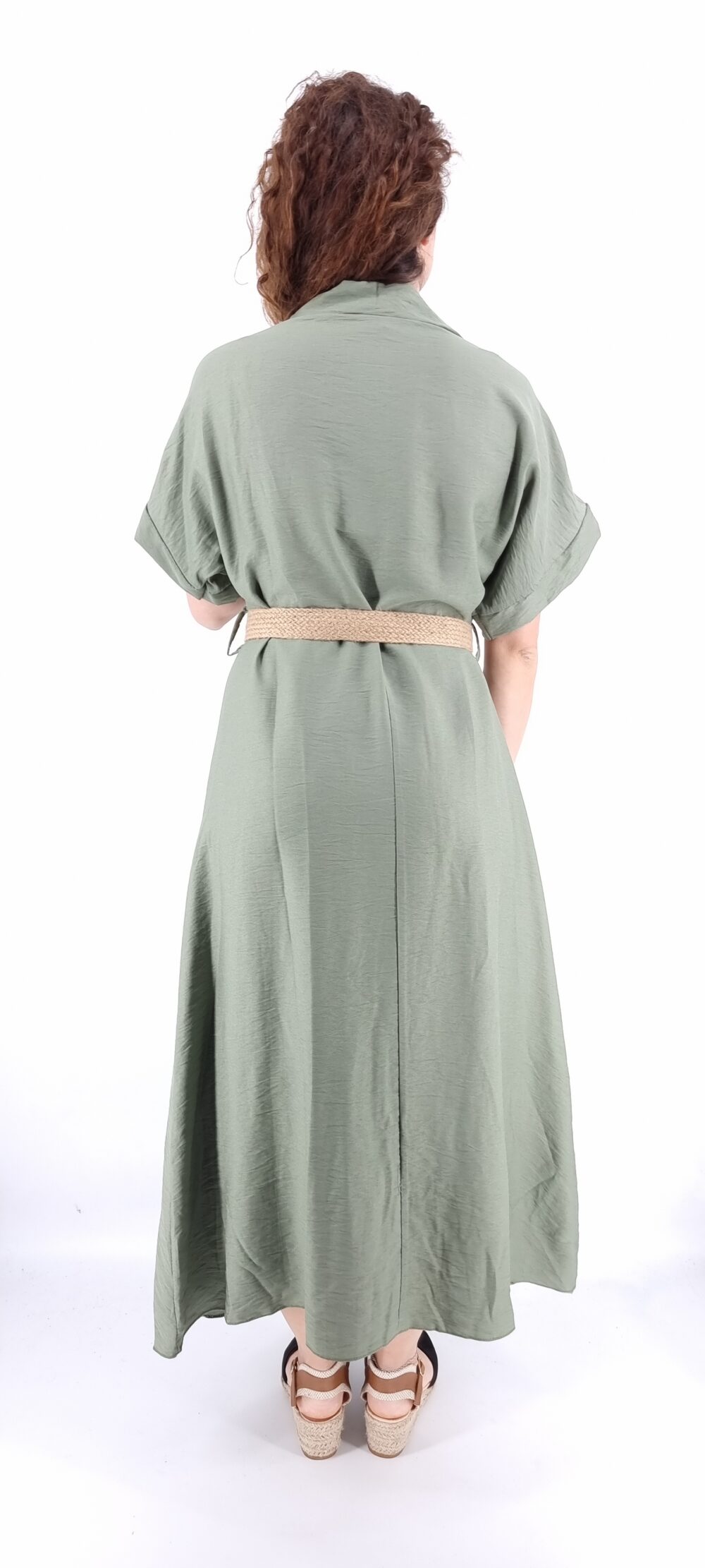 Φόρεμα πουκάμισο κοντομάνικο με μπεζ ψάθινη ζώνη χακί