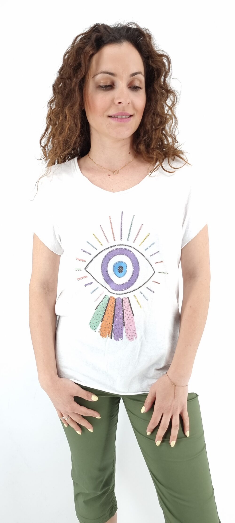 T-shirt άσπρο με στάμπα μάτι σε μωβ αποχρώσεις