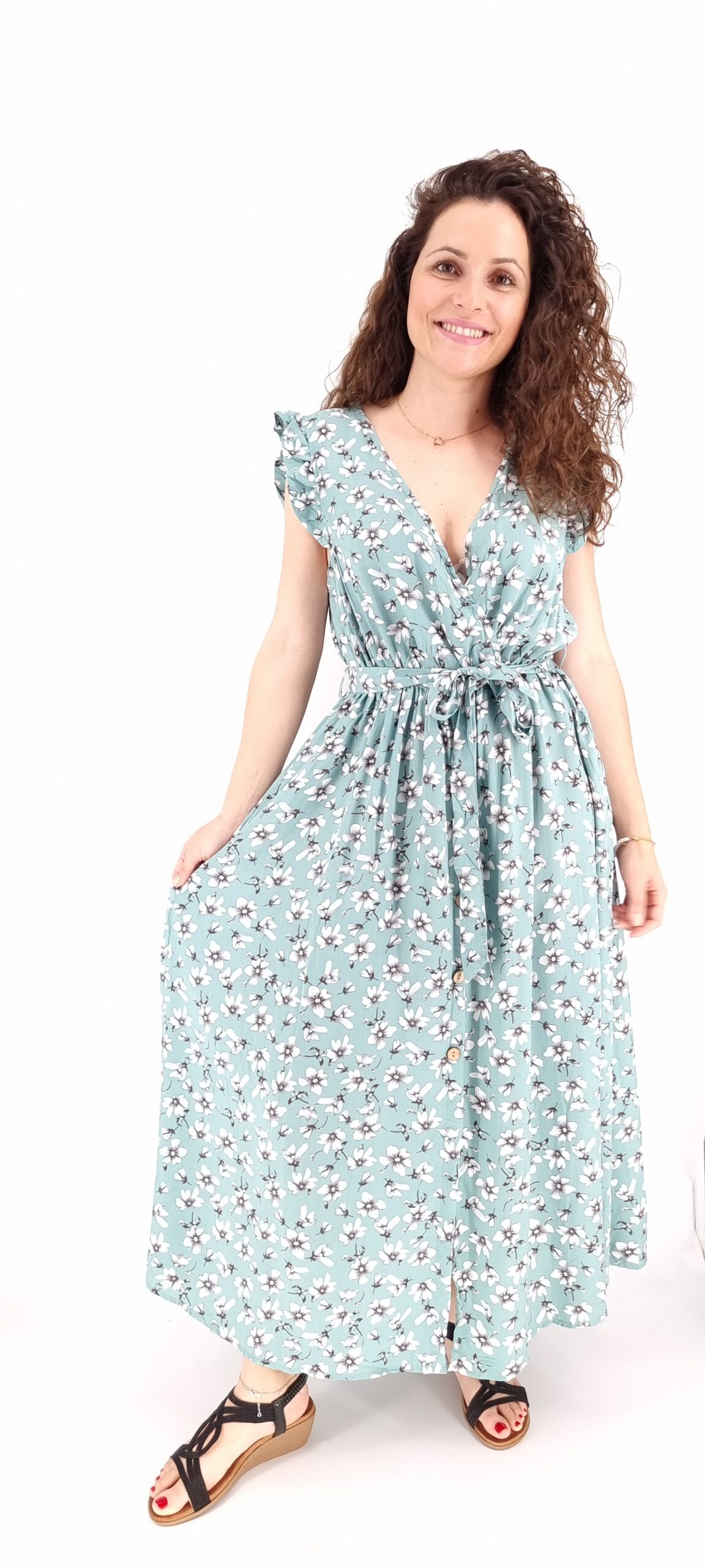 Φόρεμα  μακρύ φλοράλ κρουαζέ με ίδια ζώνη και διακοσμητικά κουμπιά βεραμάν