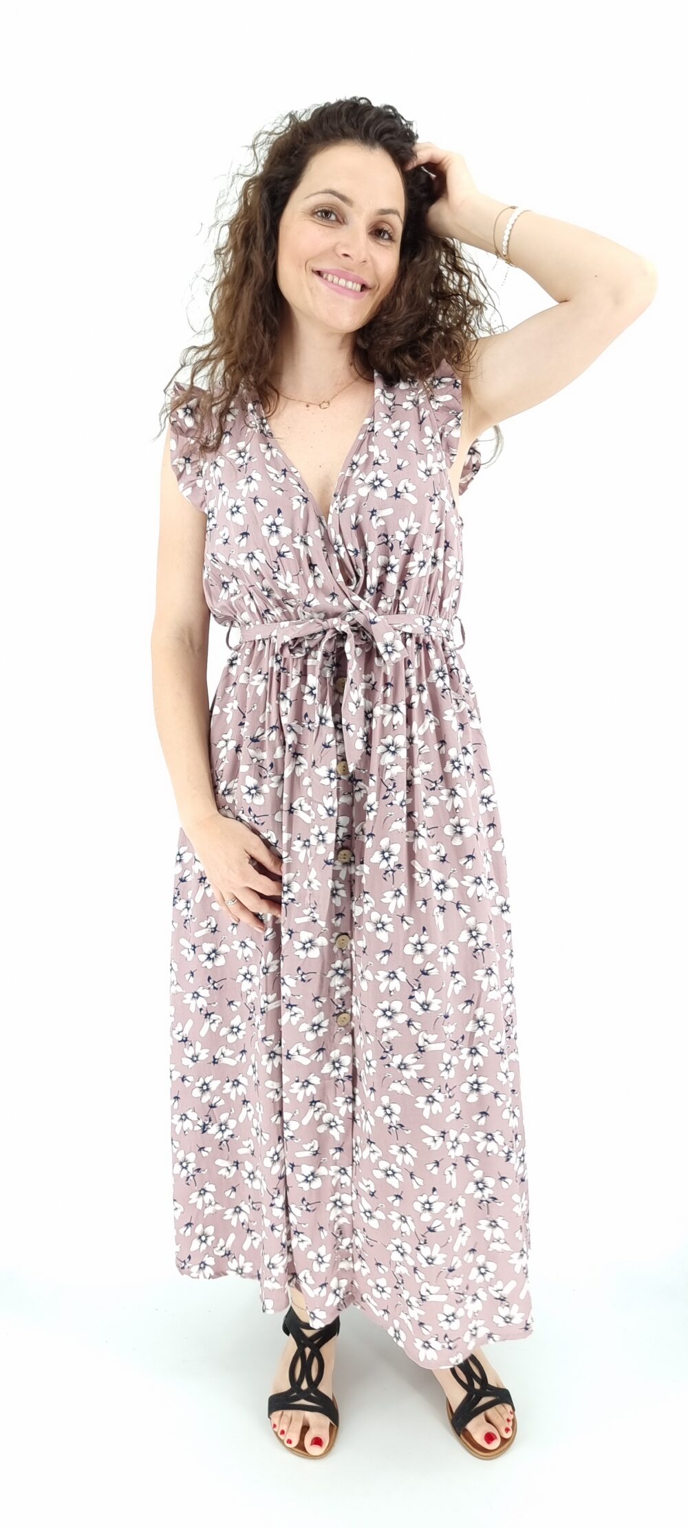 Φόρεμα μακρύ φλοράλ κρουαζέ με ίδια ζώνη και διακοσμητικά κουμπιά ροζ
