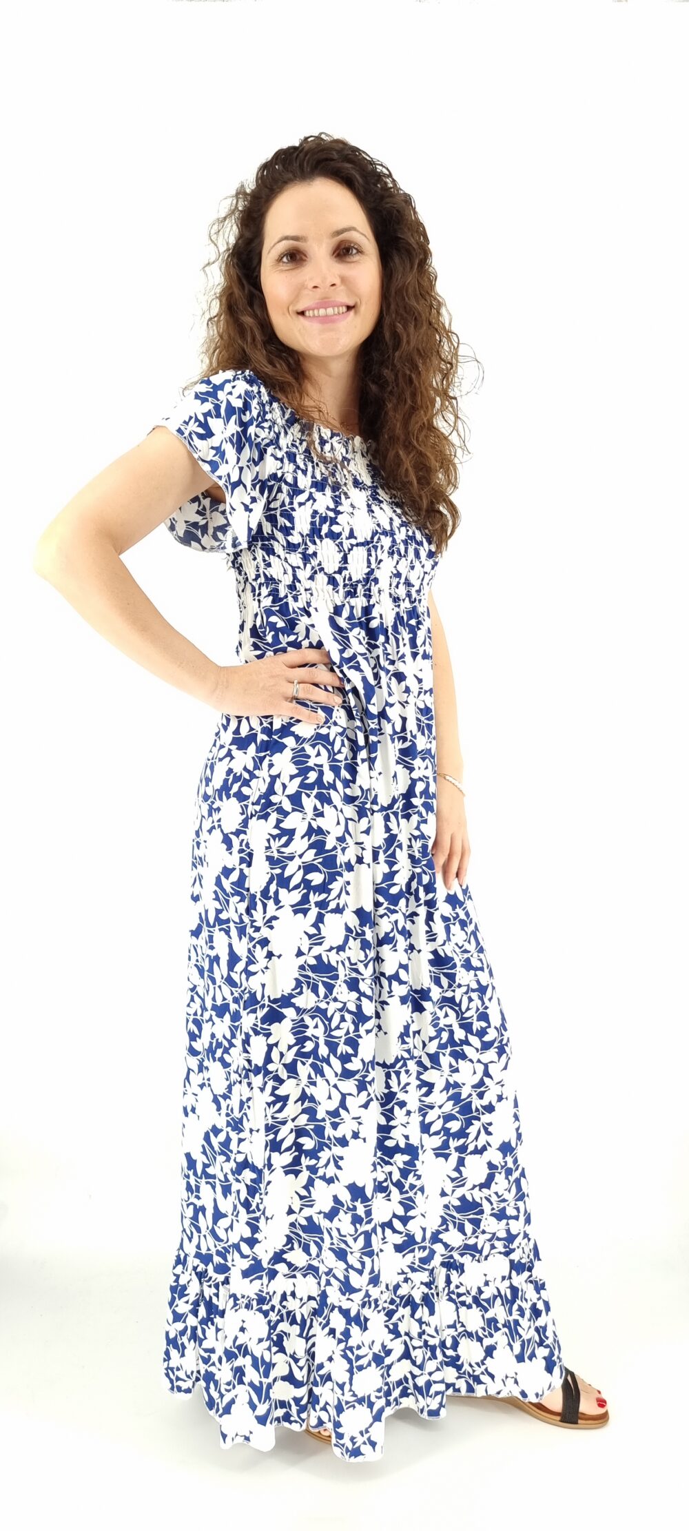 Φόρεμα μακρύ φλοράλ με σφιγγοφωλιά άσπρο μπλε