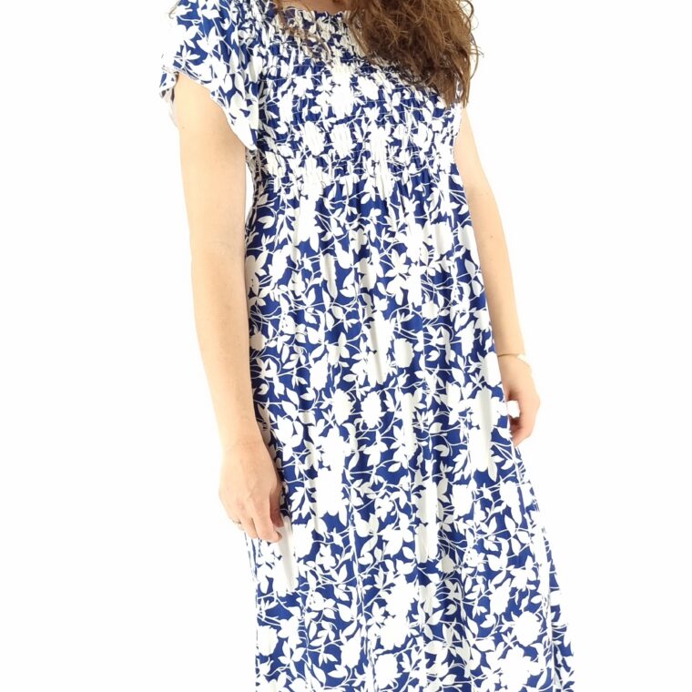Φόρεμα μακρύ φλοράλ με σφιγγοφωλιά άσπρο μπλε