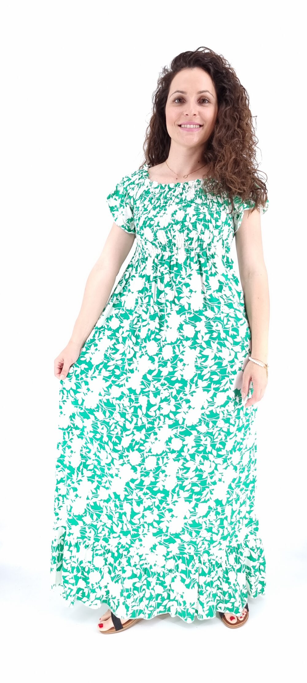 Φόρεμα μακρύ φλοράλ με σφιγγοφωλιά άσπρο πράσινο