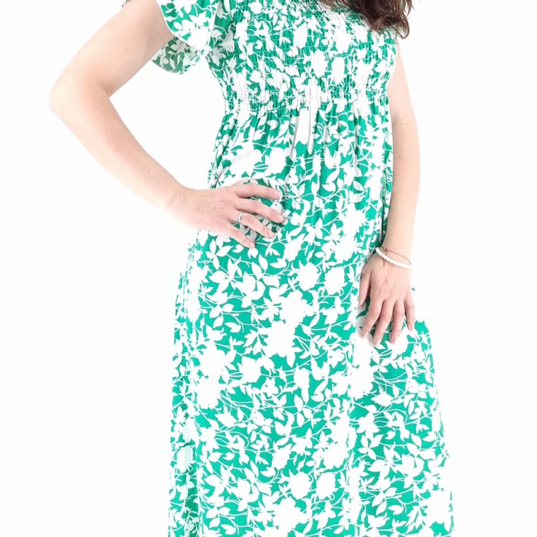 Φόρεμα μακρύ φλοράλ με σφιγγοφωλιά άσπρο πράσινο
