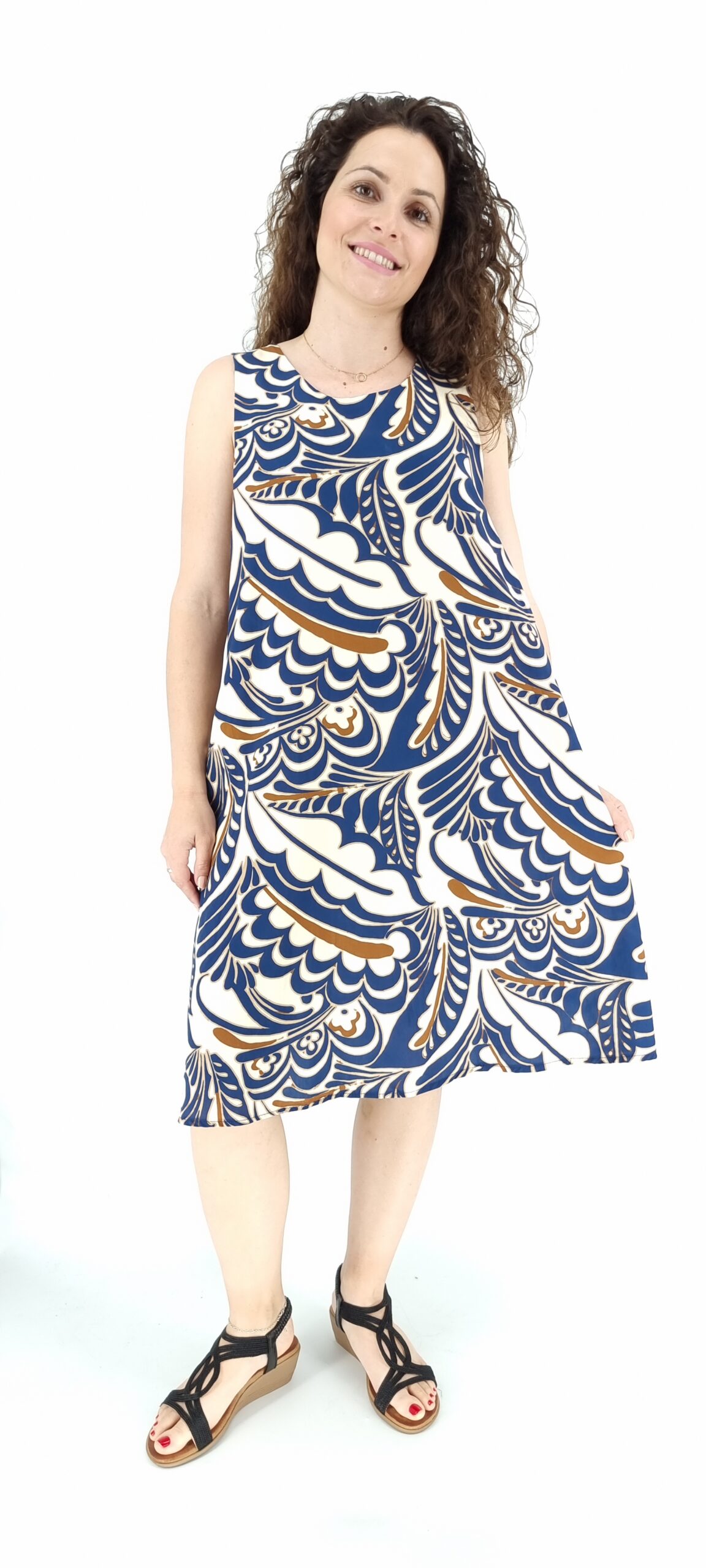 Φόρεμα midi με σχέδιο λουλούδια μπεζ μπλε