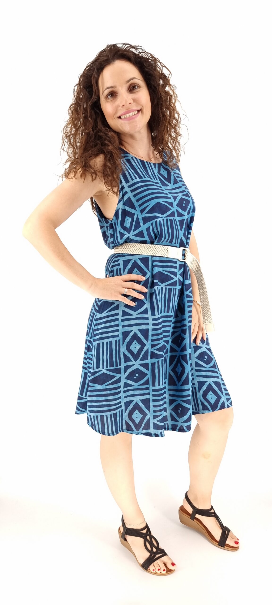 Φόρεμα midi με μοτίβο γεωμετρικά σχήματα μπλε