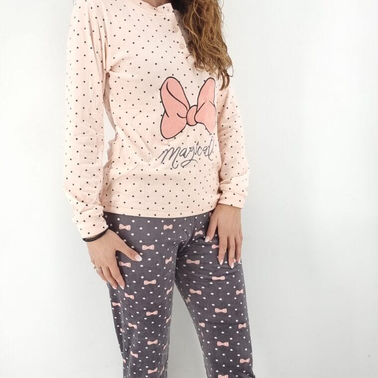 Πιτζάμες βελουτέ πουά με σχέδιο φιογκάκι της minnie ροζ