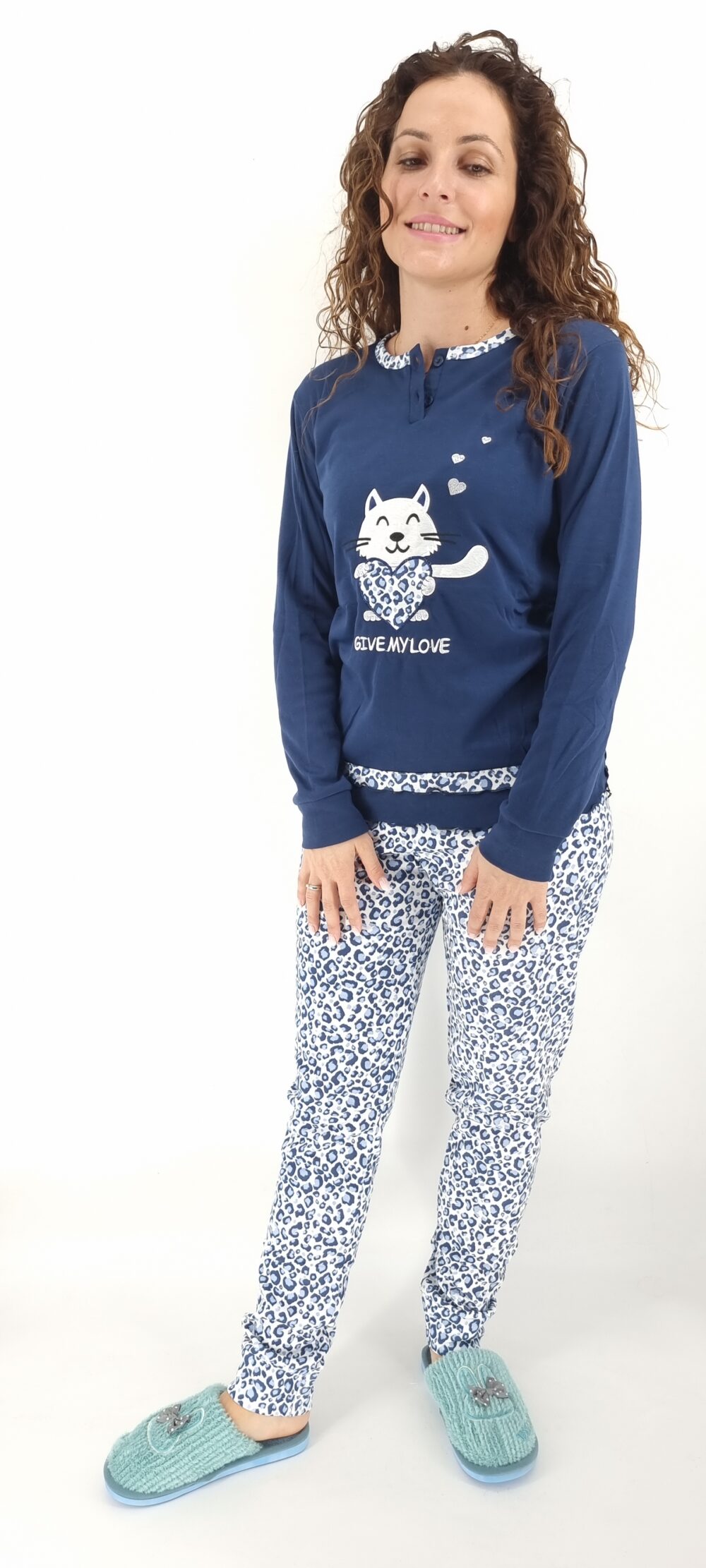 Πιτζάμες βαμβακερές με σχέδιο γατάκι και animal print μπλε