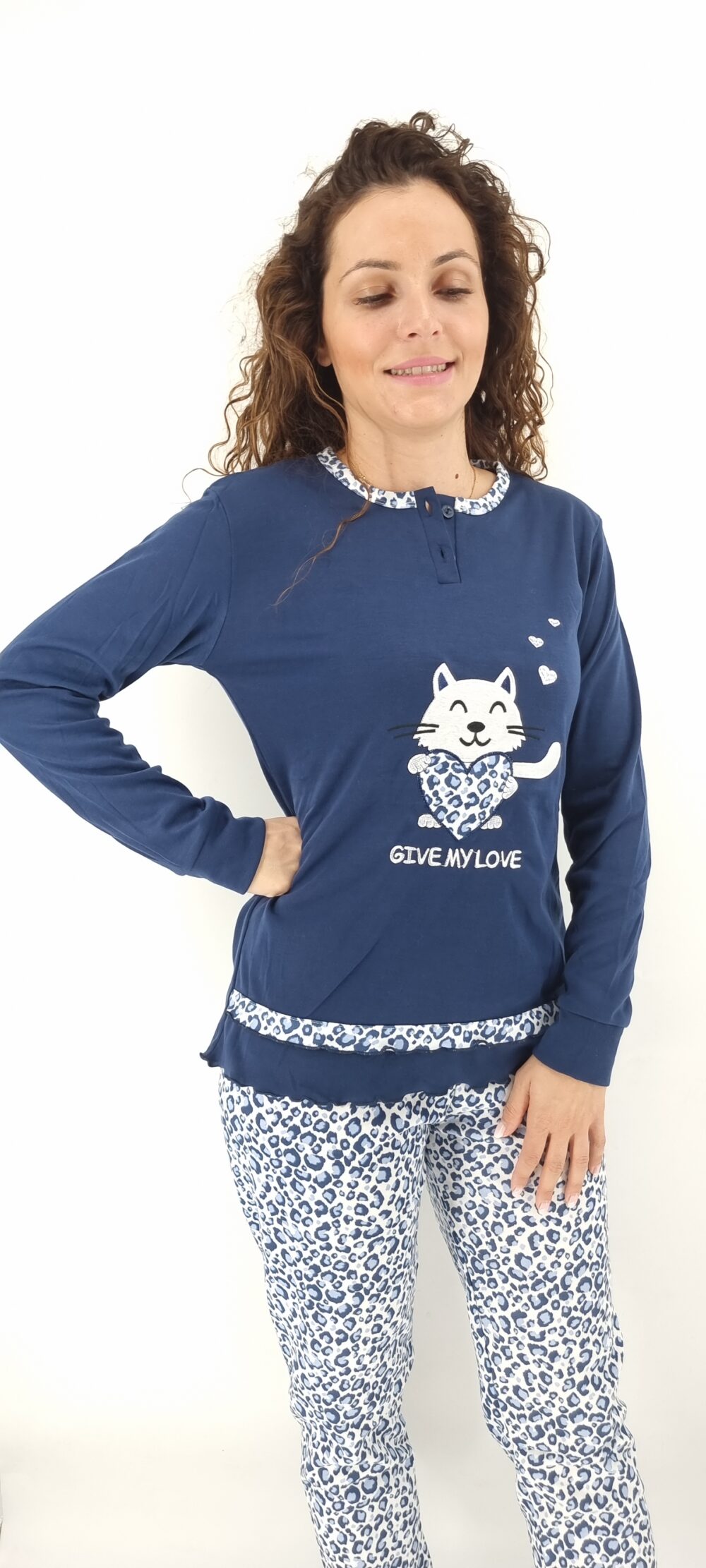 Πιτζάμες βαμβακερές με σχέδιο γατάκι και animal print μπλε