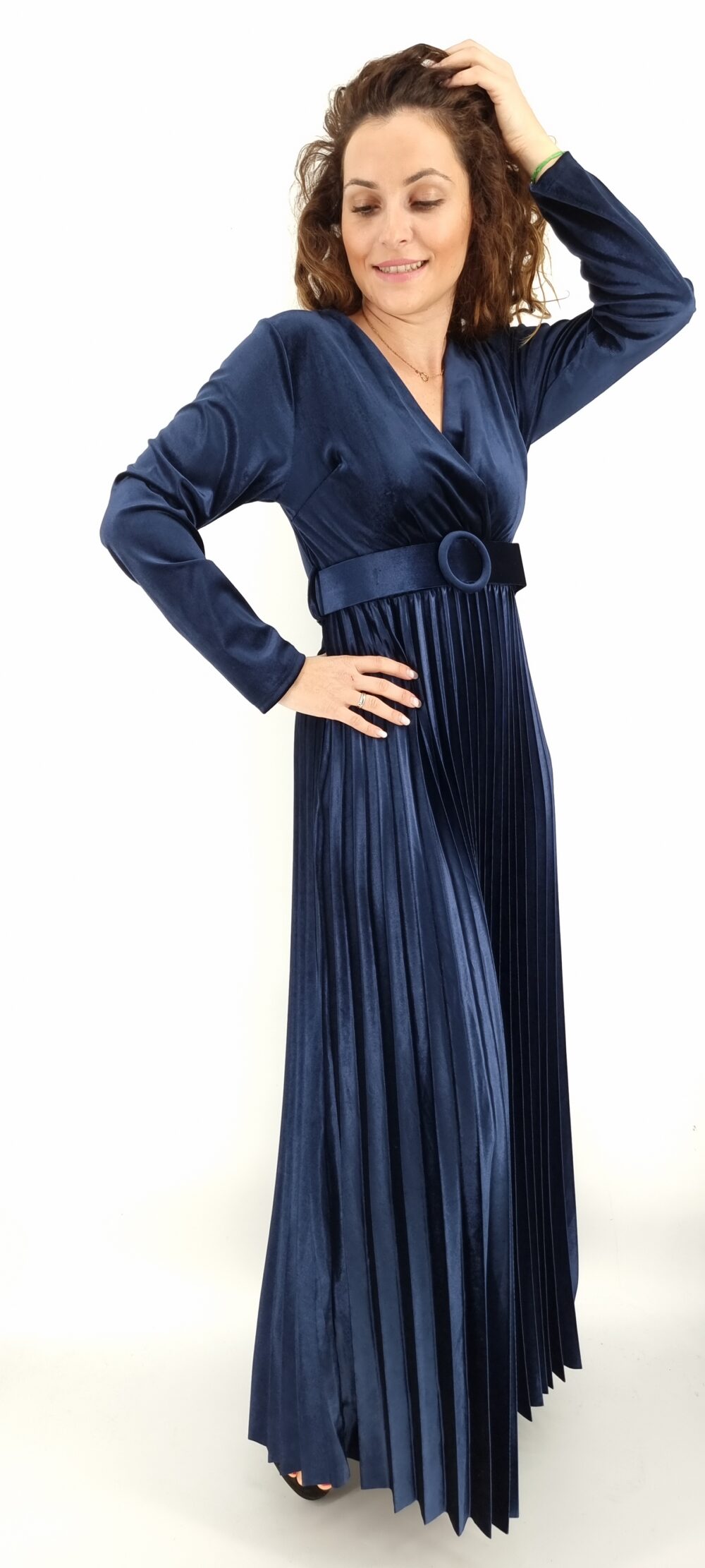 Φόρεμα μακρύ βελουτέ κρουαζέ με ίδια ζώνη και πλισέ τελείωμα μπλε σκούρο
