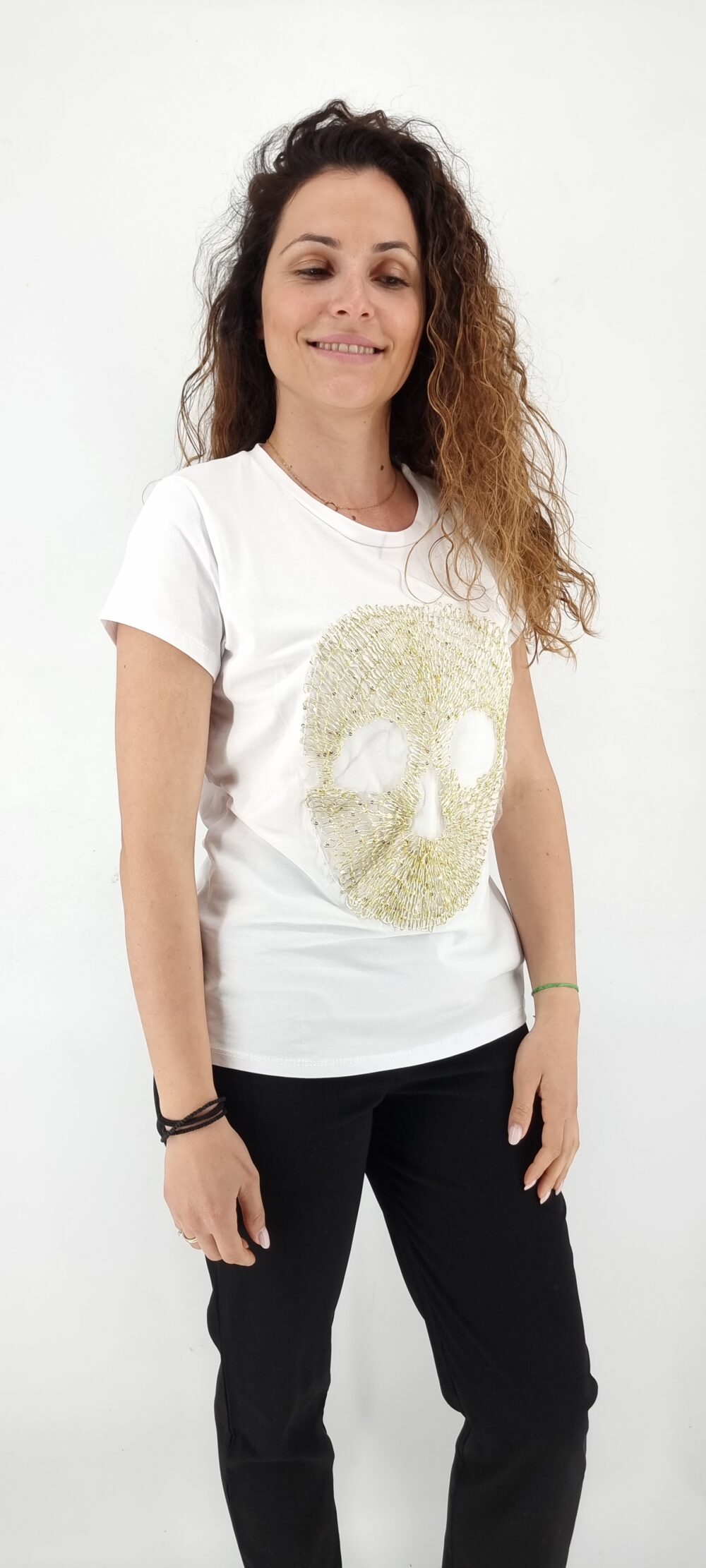T-Shirt άσπρο βαμβακερό με σχέδιο χρυσή νεκροκεφαλή